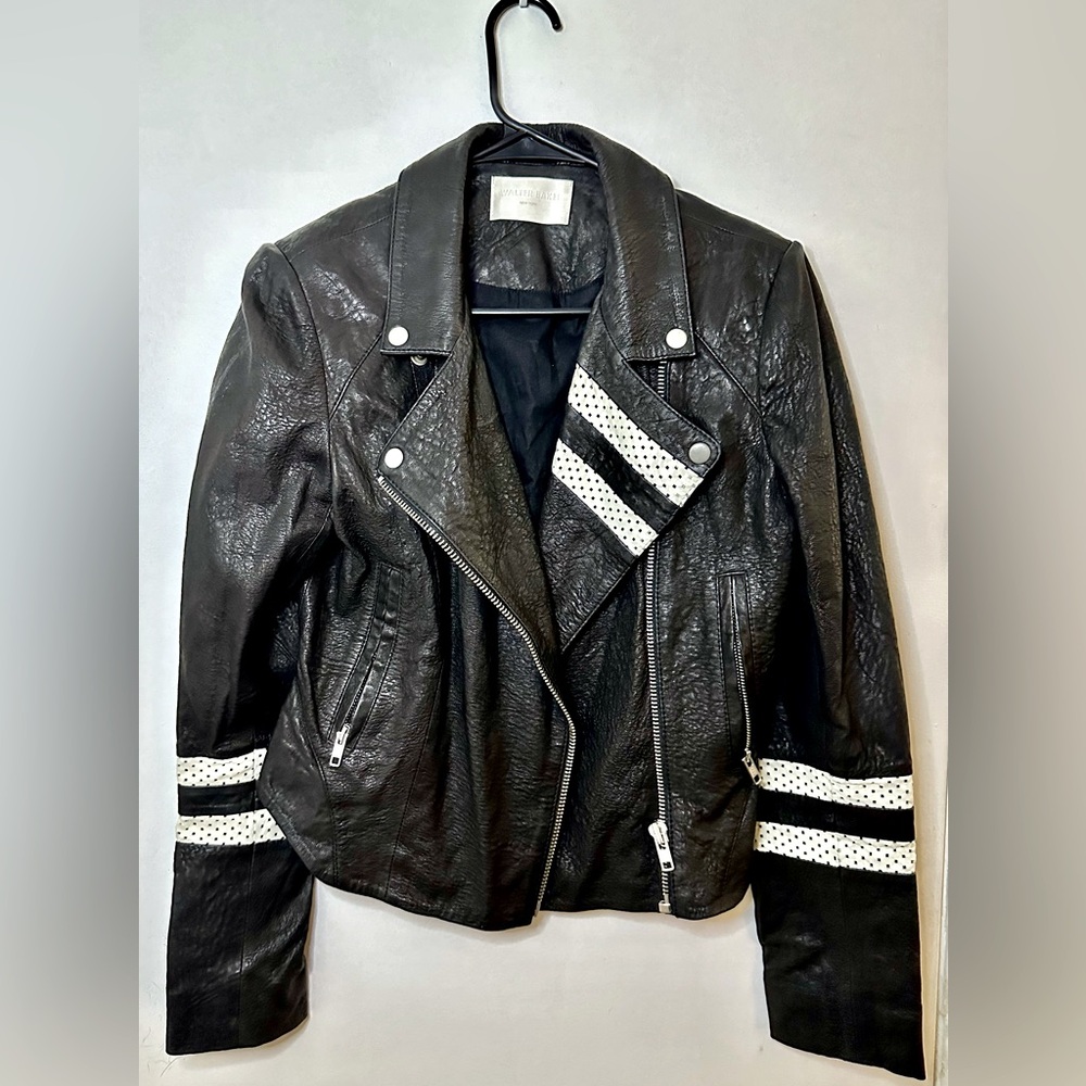 Walter Baker Womens Striped Long Sleeve Leather Cropped Moto Jacket Black Size S